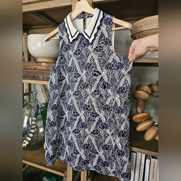 Anthropologie Maeve Lattice Floral Shift Dress Small Petite Navy White - Picture 7 of 11